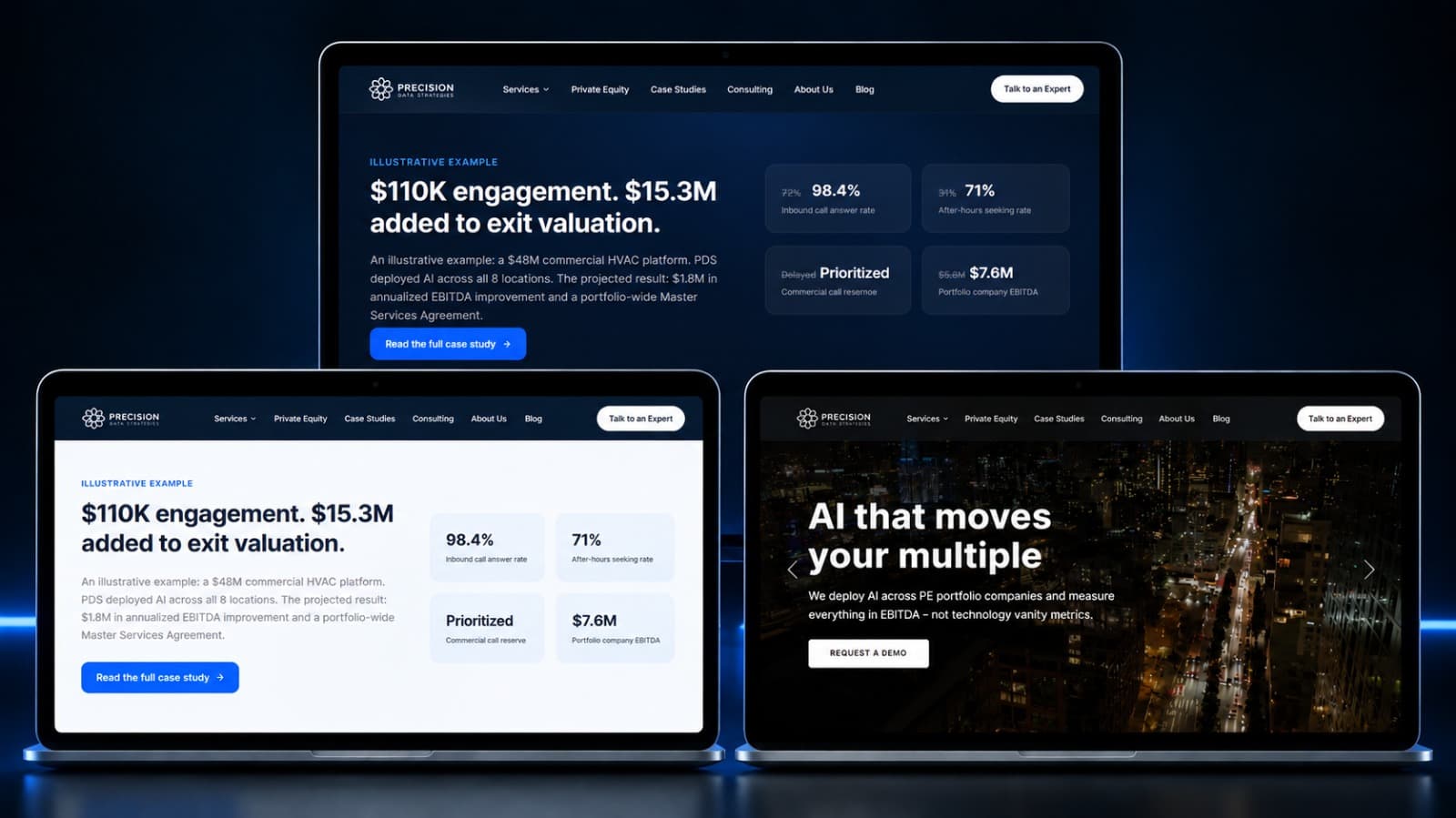 Precision Data Strategies website shown across desktop and laptop screens