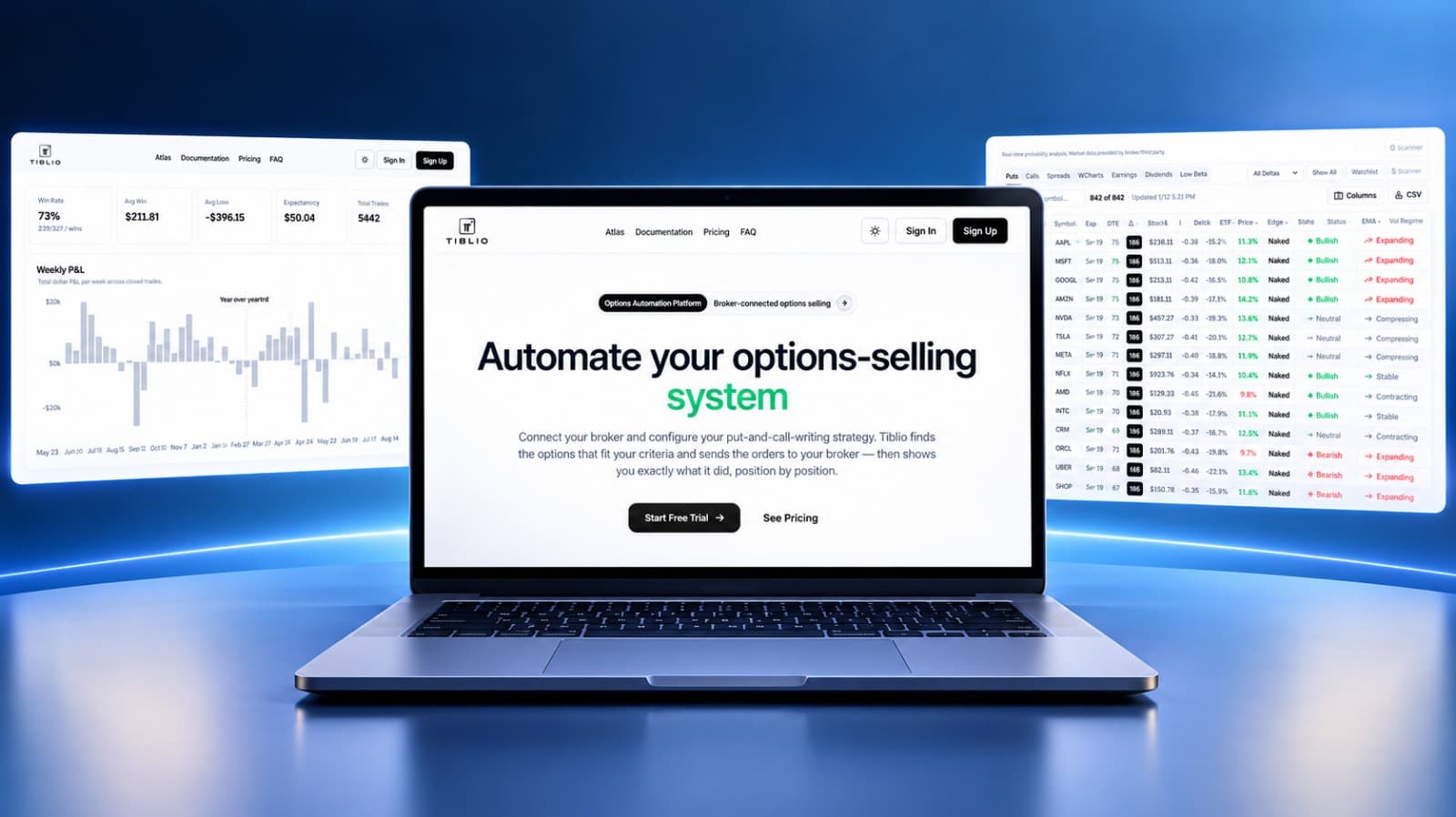 Tiblio options-selling platform landing page and analytics dashboard